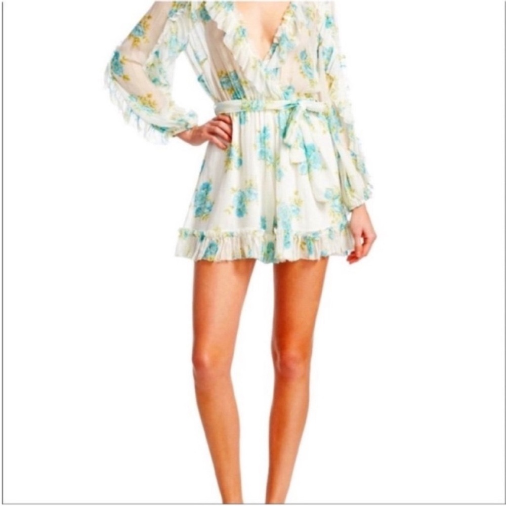 Zimmermann Breeze Ruffle Silk Playsuit in Cream and Green